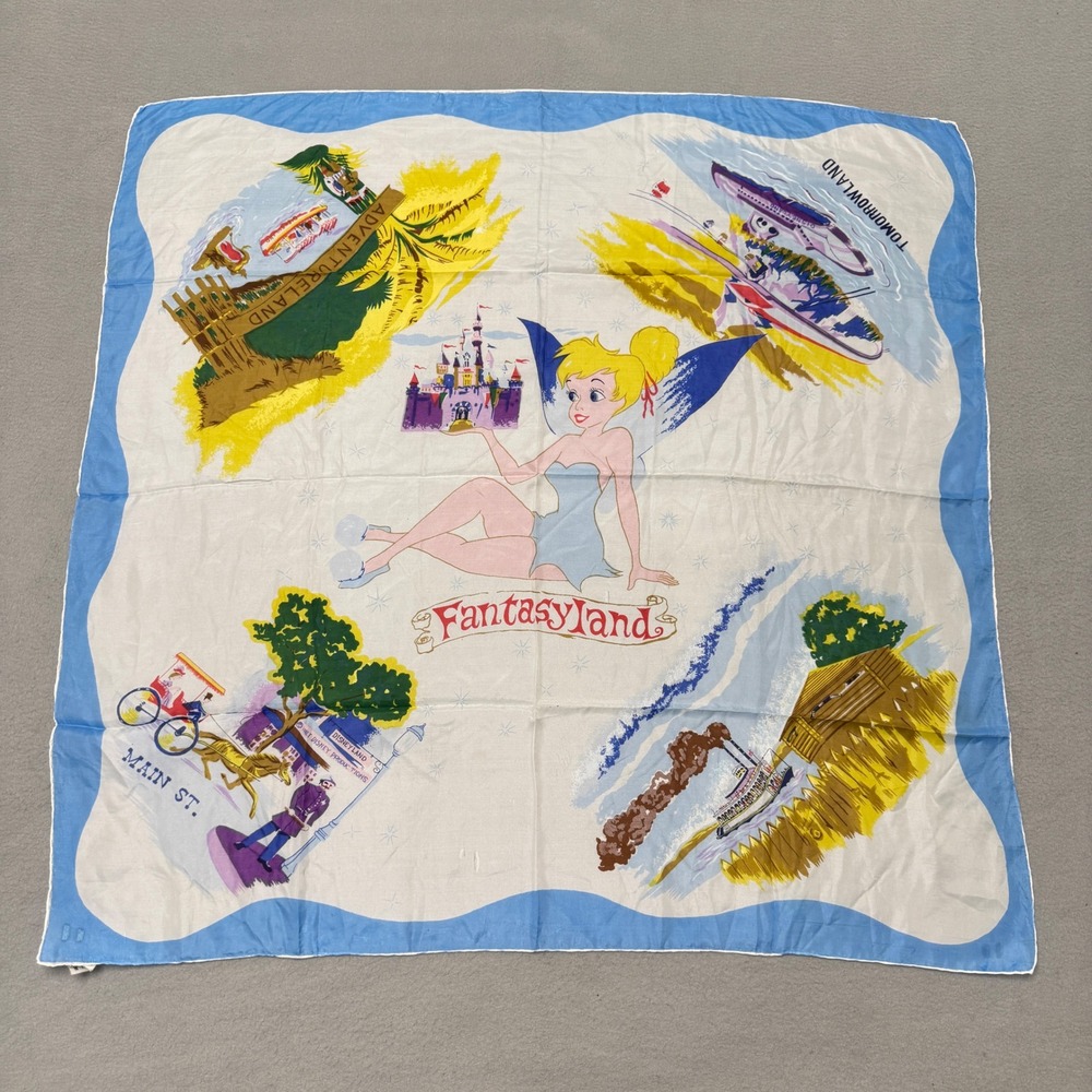 Disney Scarf Womens Blue Tinker Bell Disneyland Vintage Silk Rayon Japan
